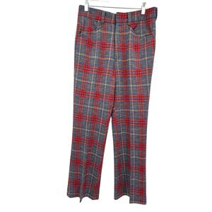 Vintage 70s Farrah High Waisted Red Grey Plaid Polyester Wide‎ Leg Pants 32